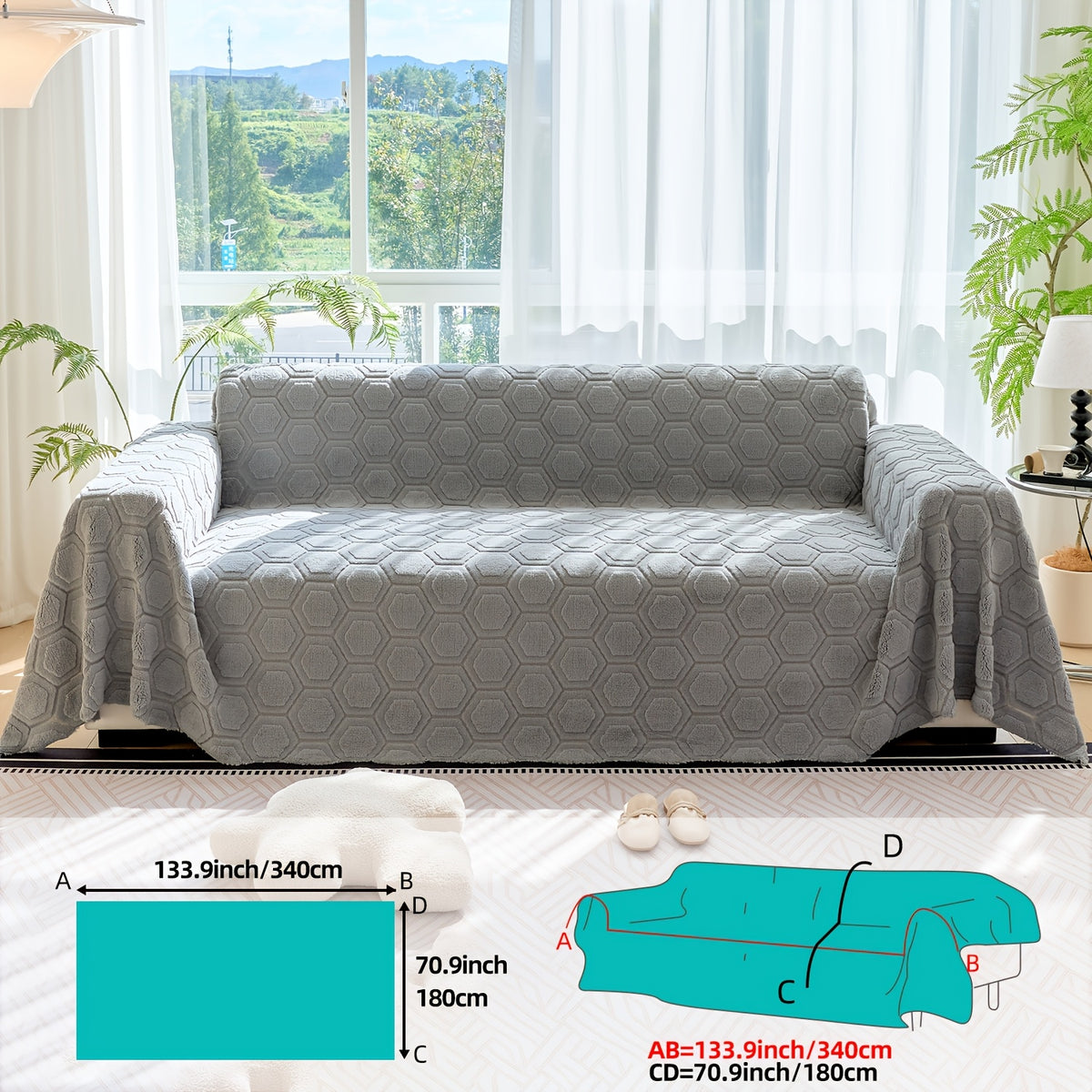 Housse de canapé épaisse en velours jacquard à motif géométrique, mise en situation
