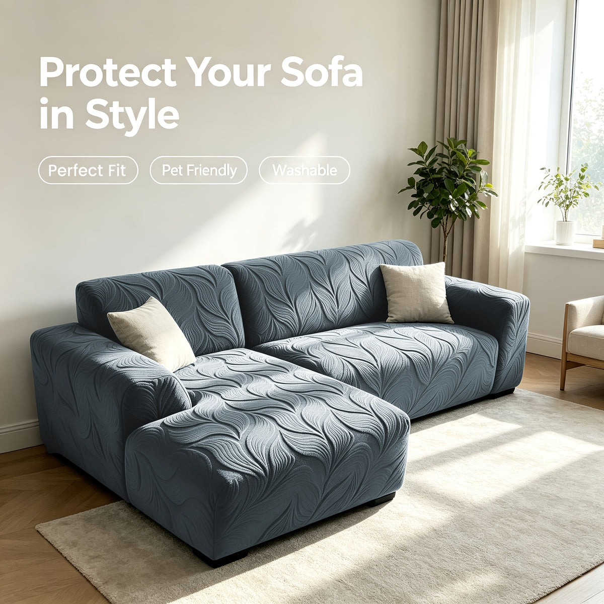 Housse de canapé extensible en polaire jacquard à motif feuillage pour canapé, visuel produit