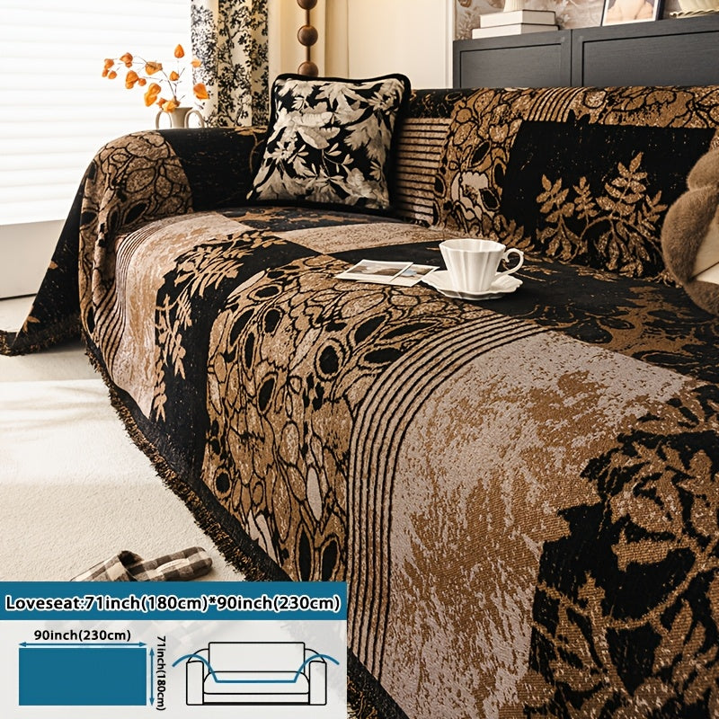 Housse de canapé épaisse en chenille jacquard d'esprit bohème, gros plan sur le tissu
