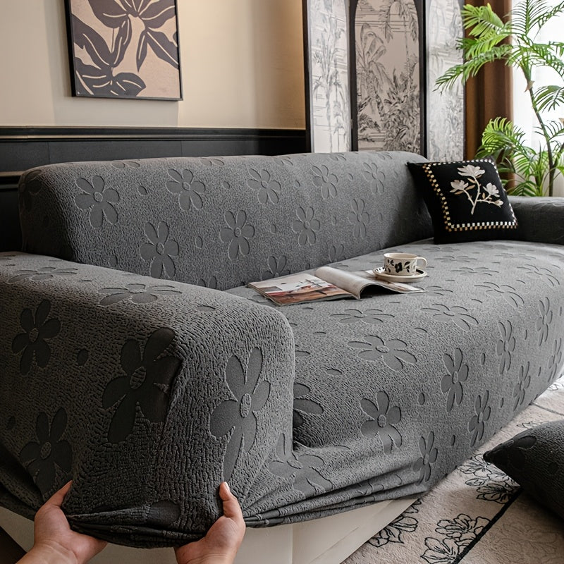 Housse de canapé en velours jacquard à motif fleuri antidérapante, gros plan sur le tissu