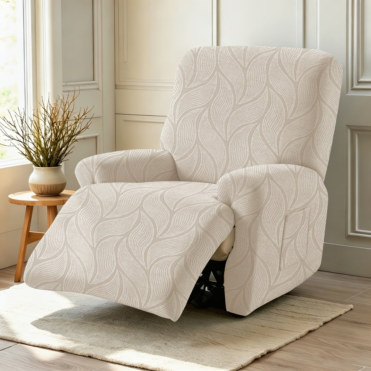 Housse de canapé extensible en polaire jacquard à motif feuillage, gros plan sur le tissu