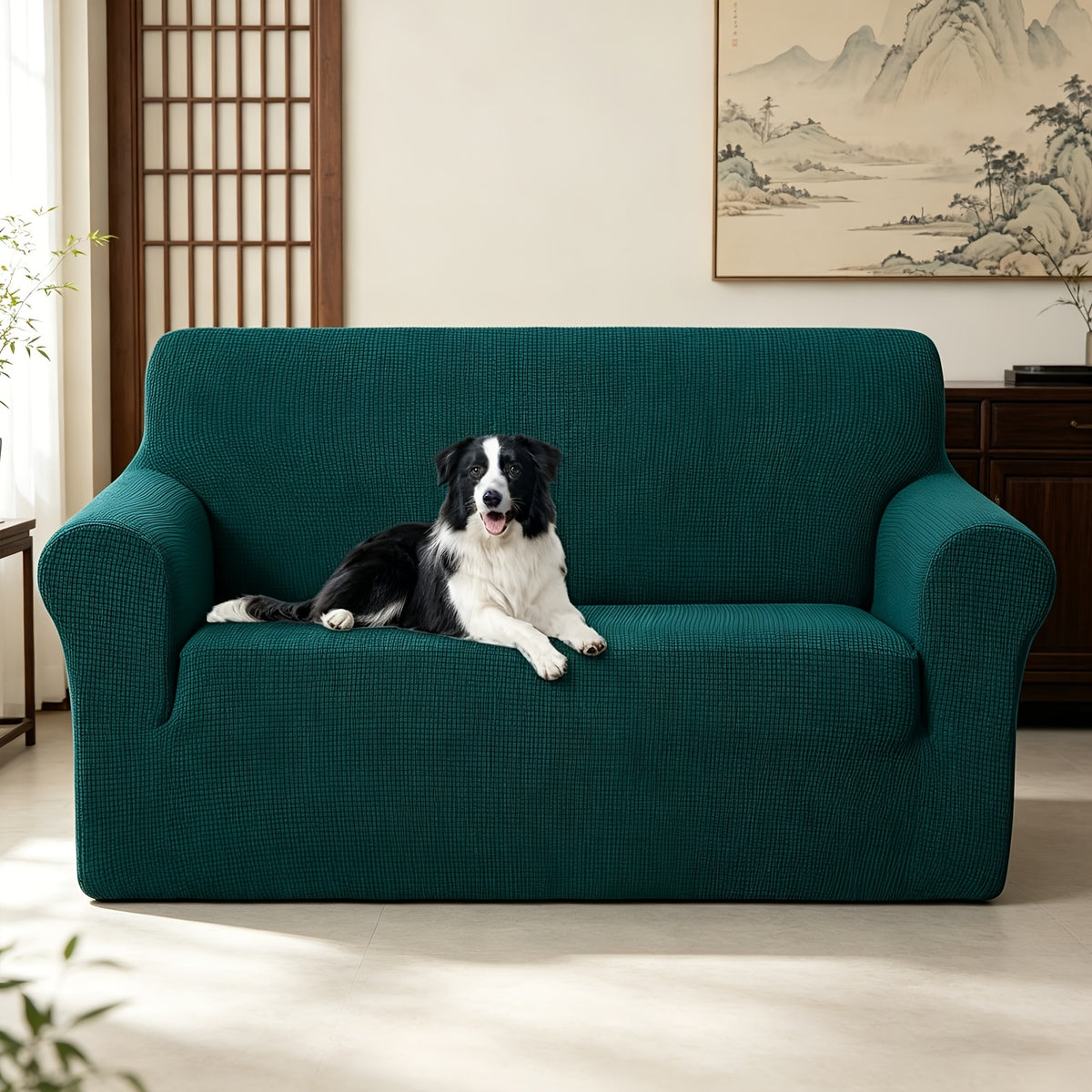 Housse de canapé extensible en polaire jacquard à rayures, mise en situation