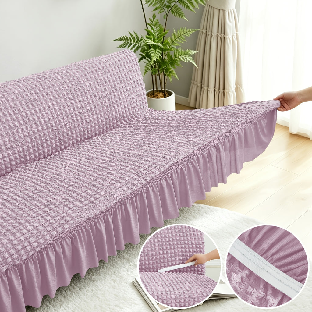 Housse de canapé extensible en jacquard à volants, détail de l'ourlet
