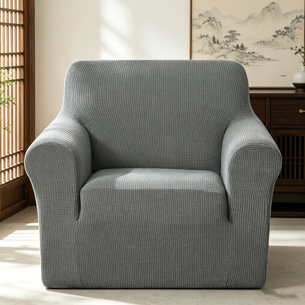 Housse de canapé extensible en polaire jacquard à rayures, mise en situation
