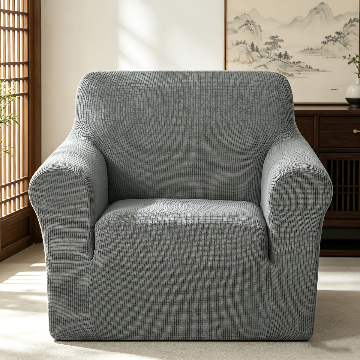 Housse de canapé extensible en polaire jacquard à rayures, mise en situation