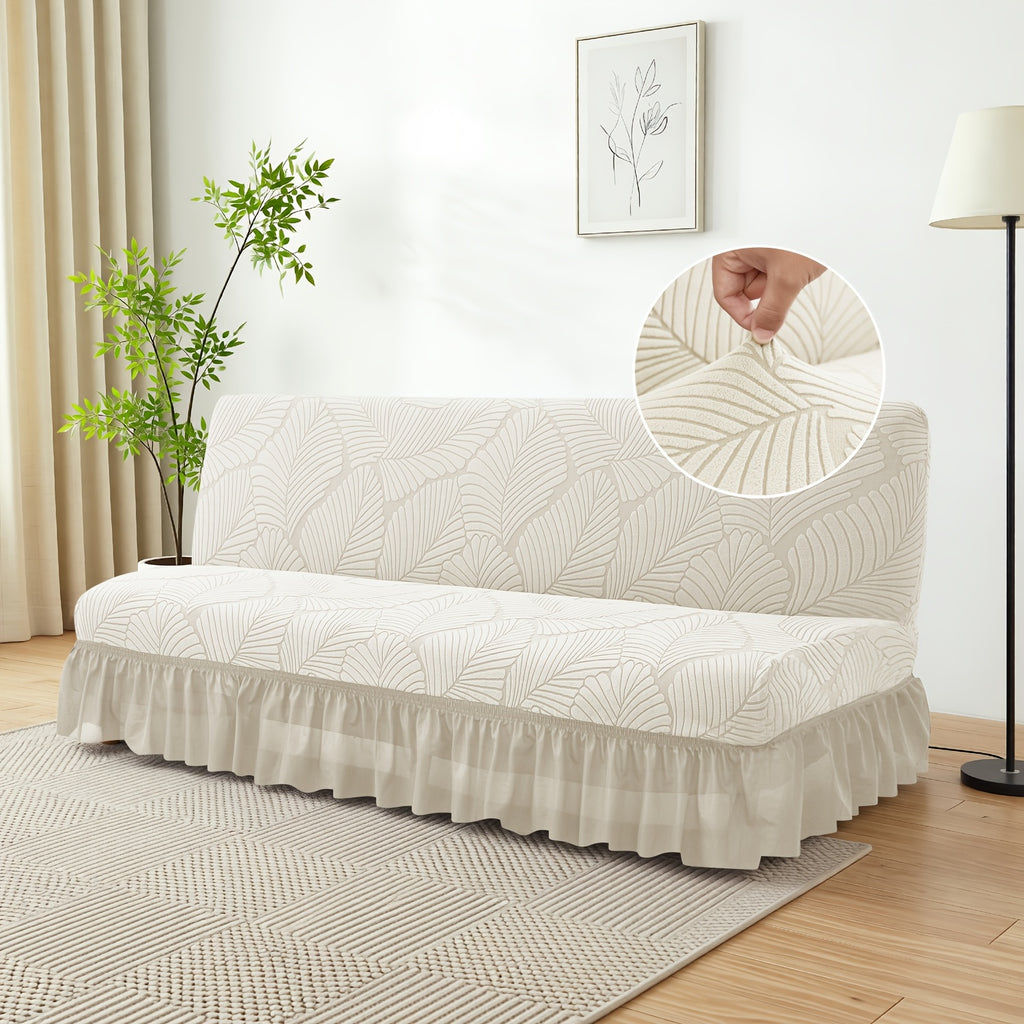 Housse de canapé extensible en jacquard à motif feuillage à volants, visuel produit