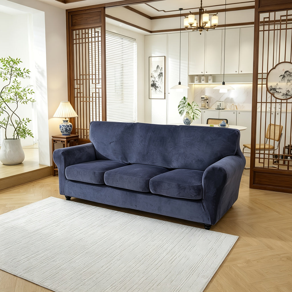 Housse de canapé extensible en velours à rayures, mise en situation