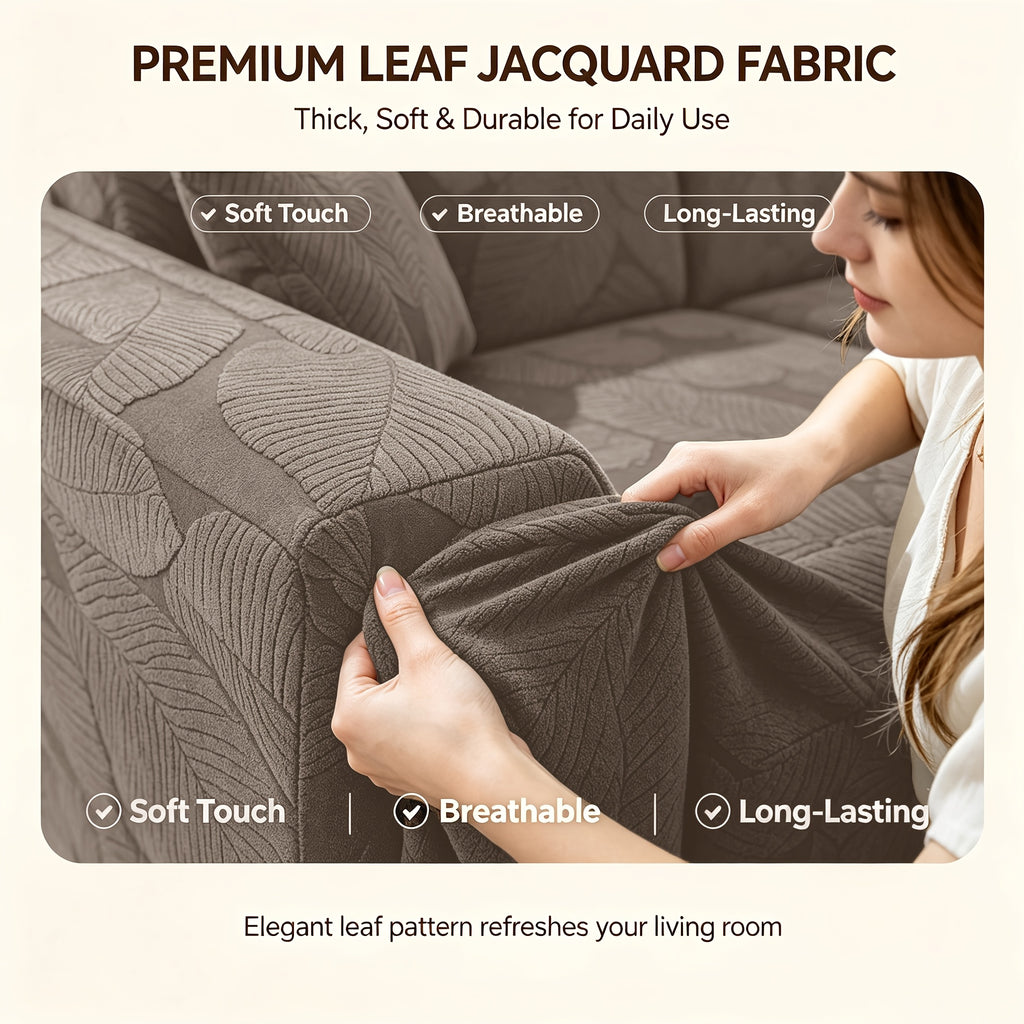 Housse de canapé extensible en polaire jacquard à motif feuillage au rendu, housse posée