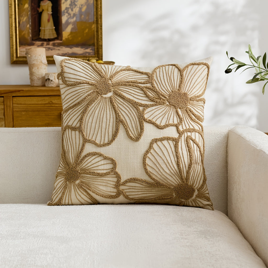 Housse de coussin en polyester à motif fleuri à fermeture éclair, housse posée