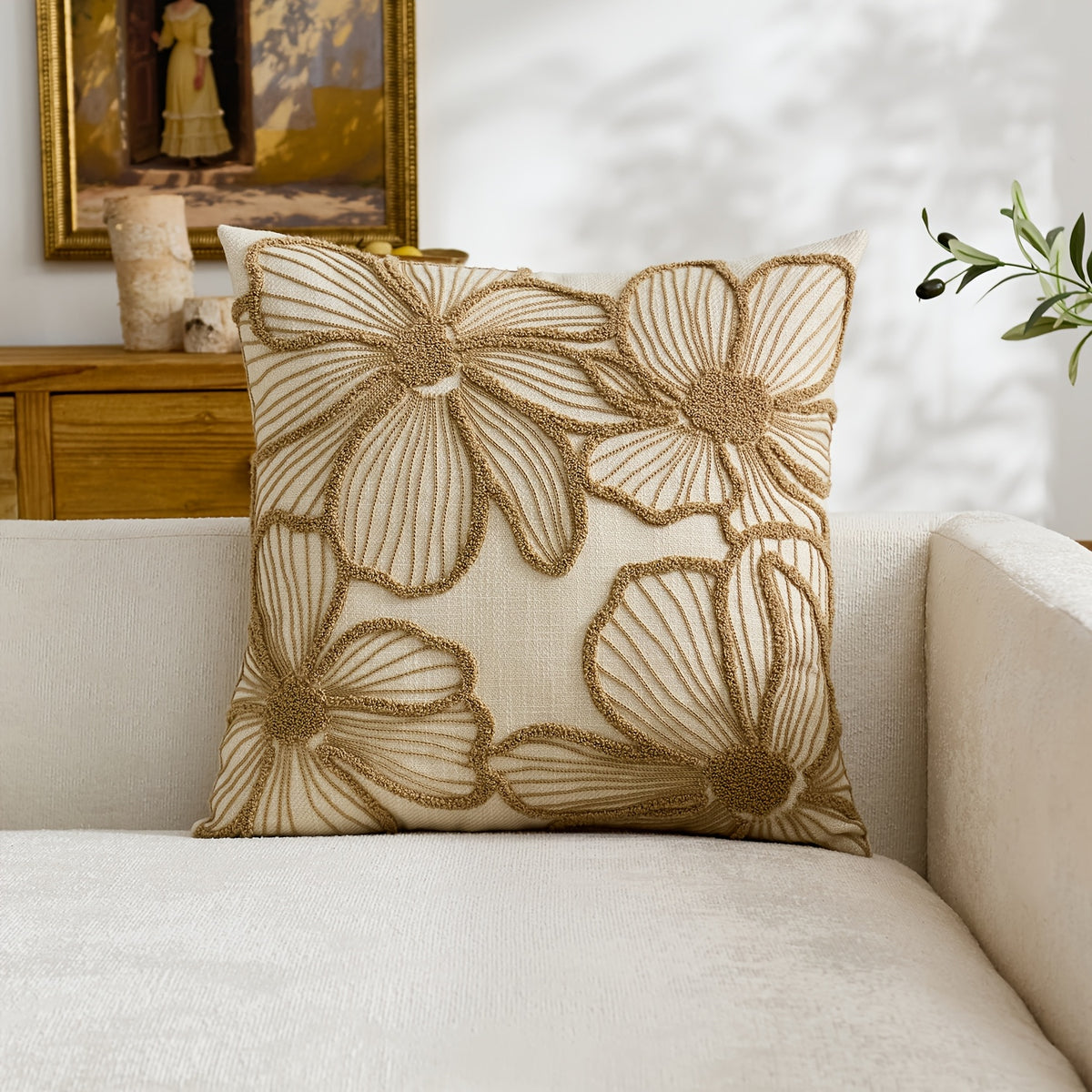 Housse de coussin en polyester à motif fleuri à fermeture éclair, housse posée