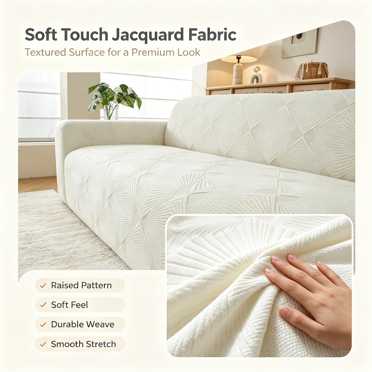 Housse de canapé extensible en polaire jacquard à rayures, détail de l'ourlet