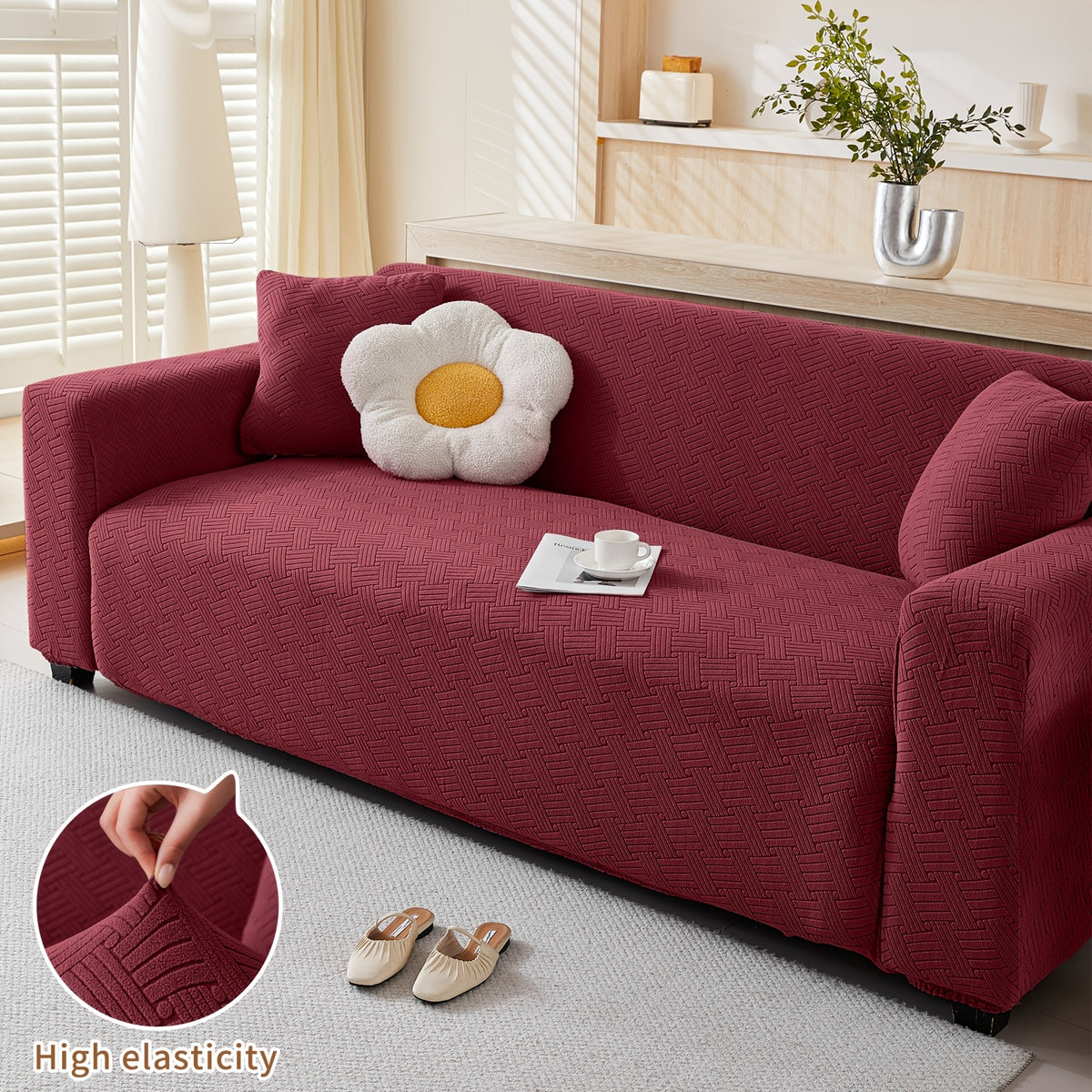 Housse de canapé épaisse extensible en polaire jacquard, détail de la finition