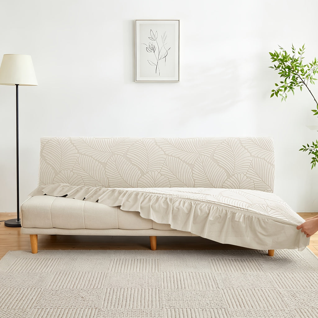 Housse de canapé extensible en jacquard à motif feuillage à volants, détail de la finition