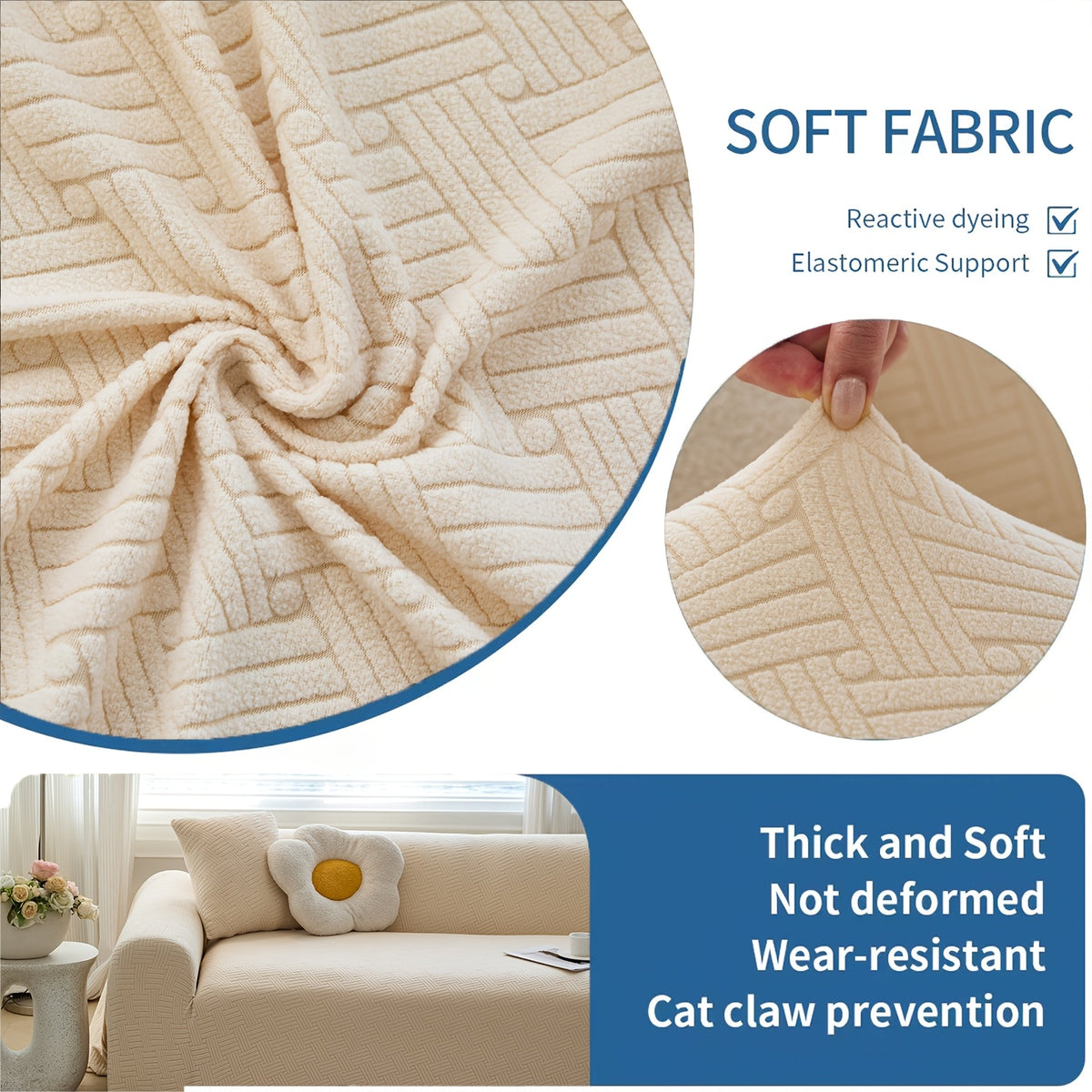 Housse de canapé extensible en polaire jacquard à rayures, mise en situation