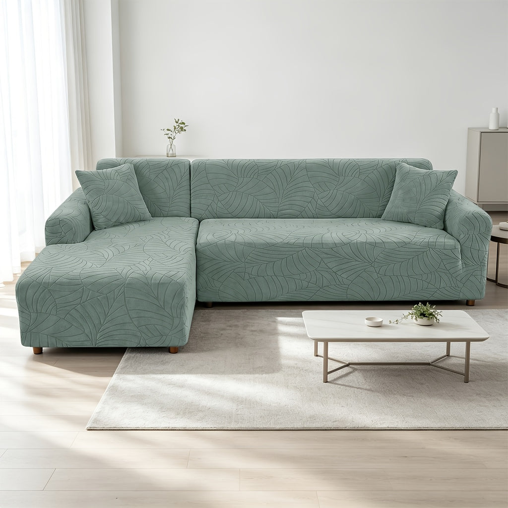 Housse de canapé extensible en polaire jacquard à motif feuillage, mise en situation
