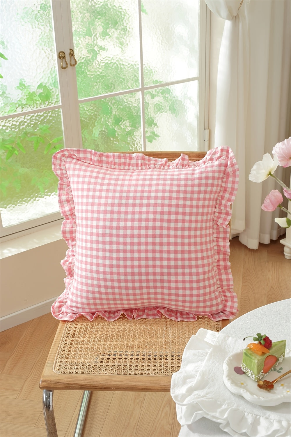 Housse de coussin en coton en fils teints, mise en situation