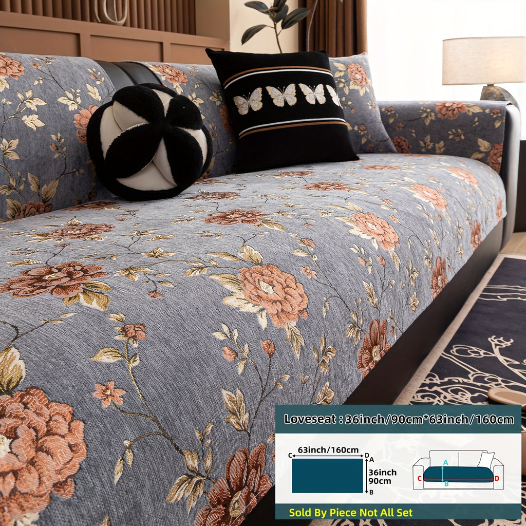 Housse de canapé en chenille jacquard à motif pivoine antidérapante, autre coloris