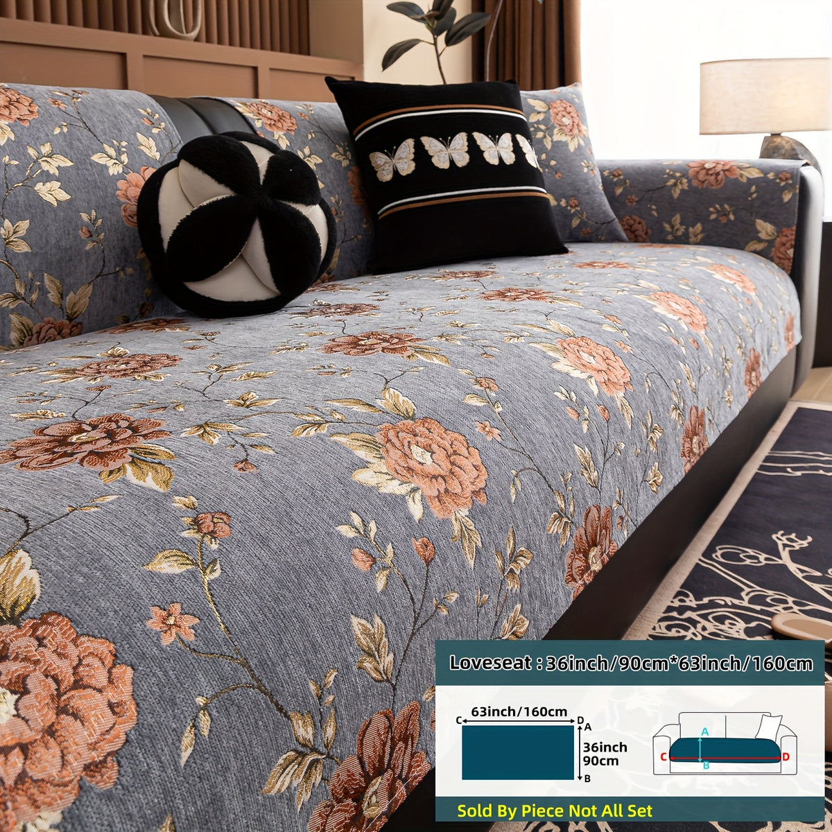 Housse de canapé en chenille jacquard à motif pivoine antidérapante, autre coloris