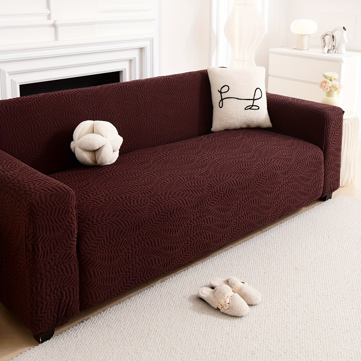 Housse de canapé épaisse extensible en polaire jacquard, mise en situation