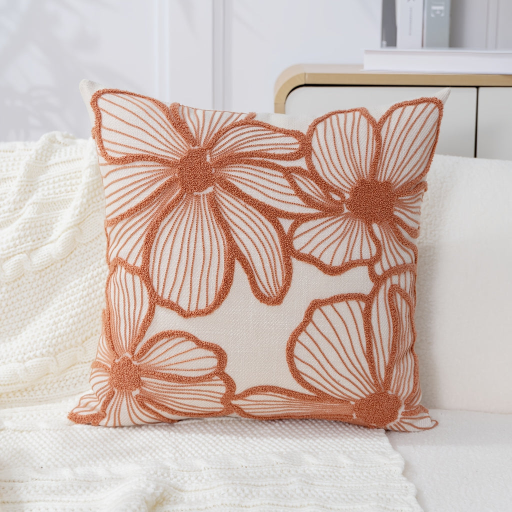 Housse de coussin en polyester à motif fleuri à fermeture éclair, gros plan sur le tissu