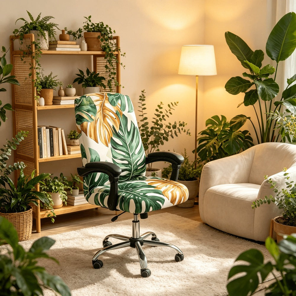 Housse de chaise extensible en fibre de lait matelassée à motif tropical, détail de l'ourlet