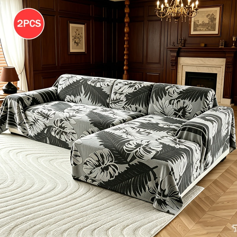Housse de canapé en velours jacquard à motif tropical antidérapante, mise en situation