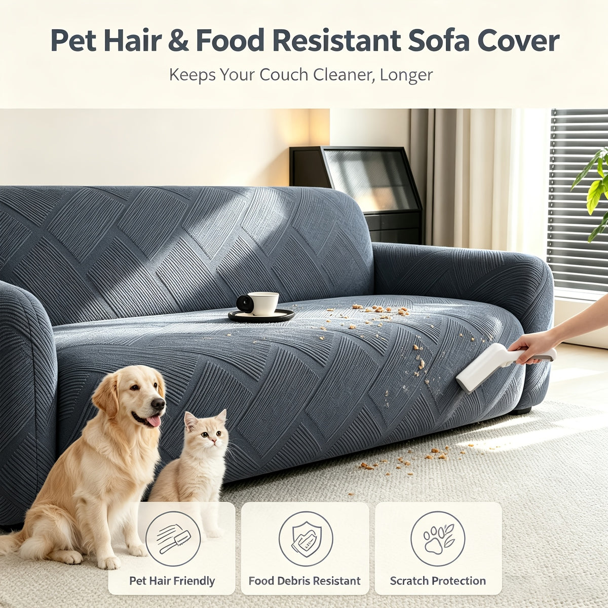 Housse de canapé extensible en polaire jacquard à rayures — détail de la matière : polaire Image