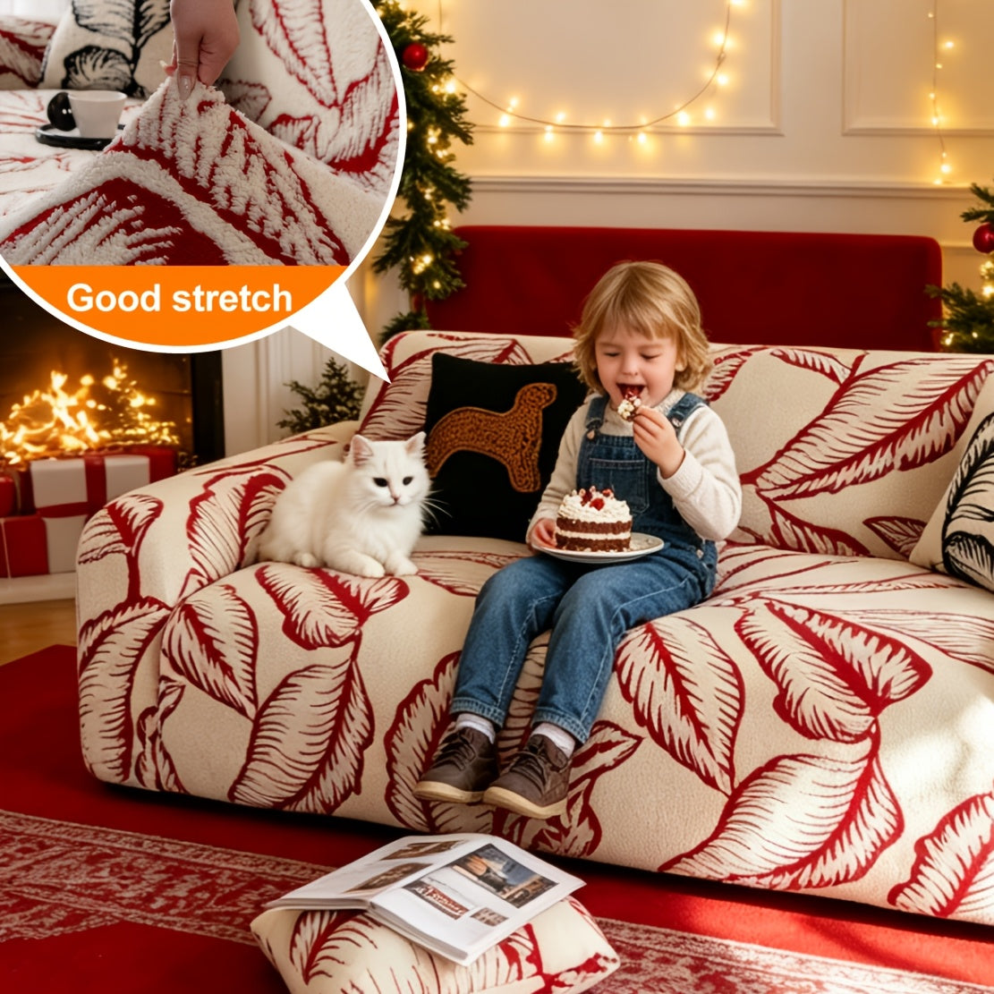 Housse de canapé extensible en velours jacquard à motif feuillage, gros plan sur le tissu