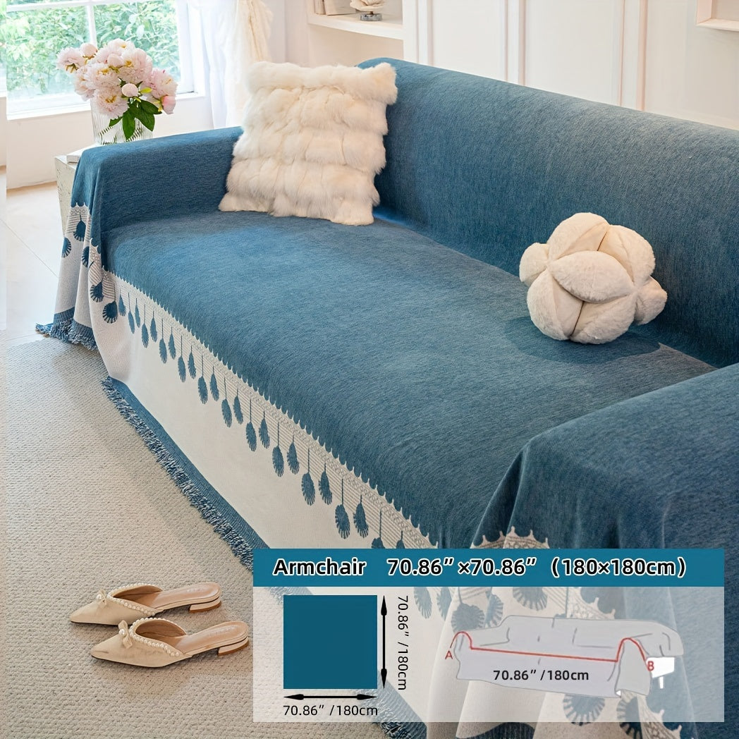 Housse de canapé en chenille jacquard à volants d'esprit bohème, vue de dos