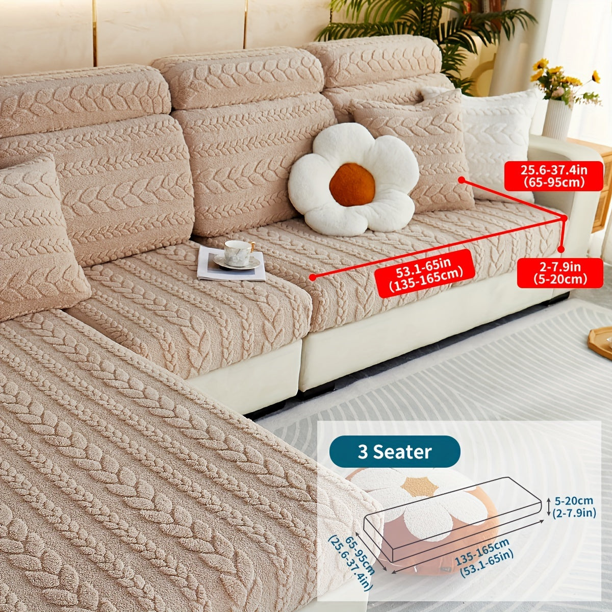 Housse de canapé épaisse extensible en velours jacquard antidérapante, détail de l'ourlet