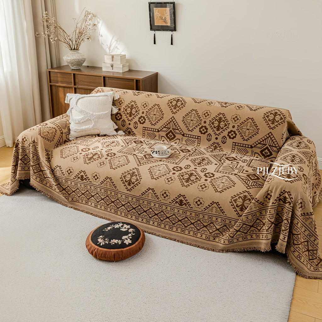 Housse de canapé en chenille en fils teints à motif bohème, mise en situation