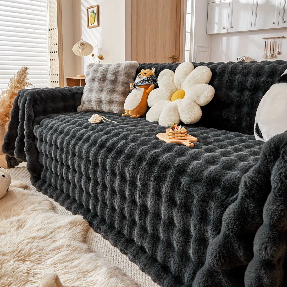 Housse de canapé en peluche, 8 coloris, détail de la finition