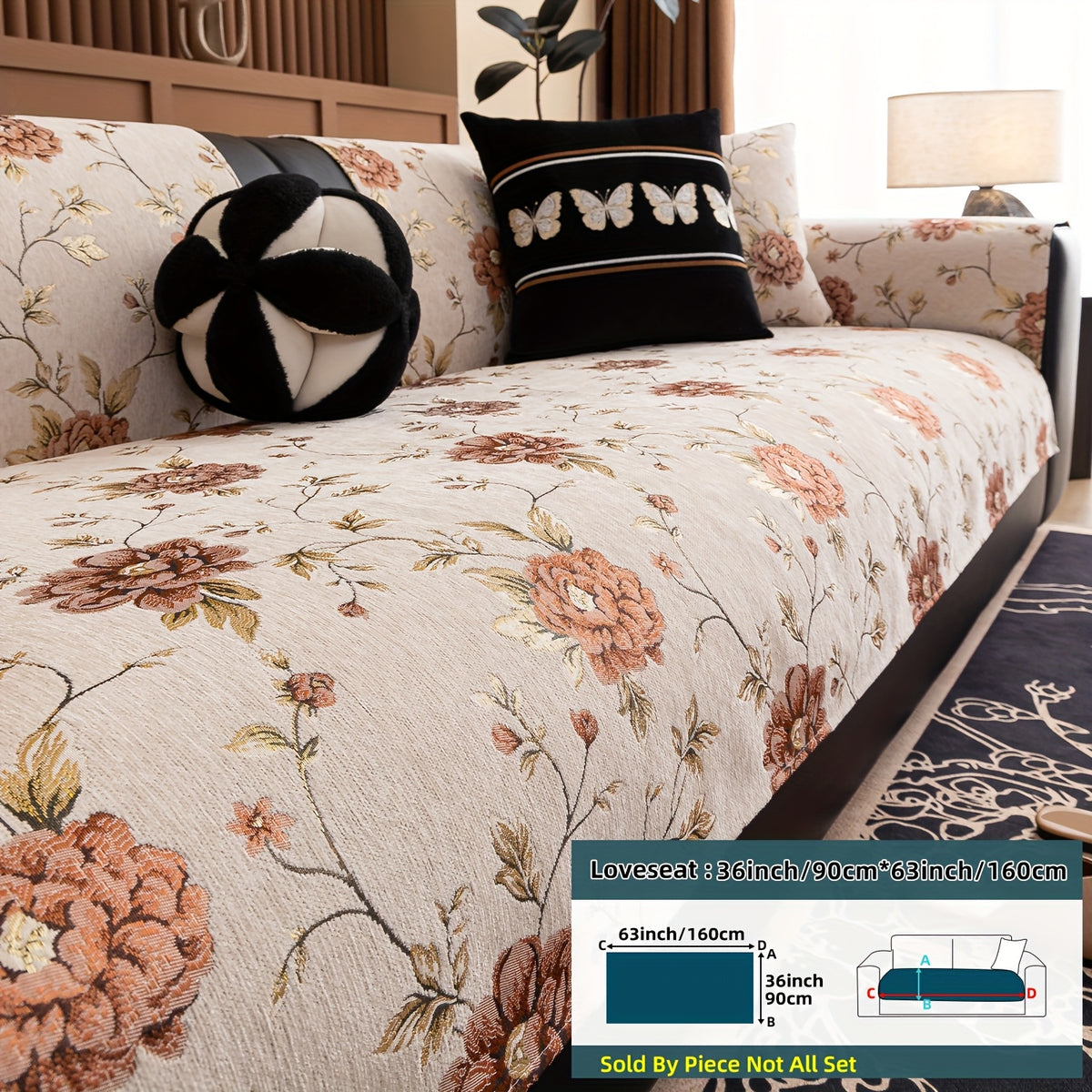 Housse de canapé en chenille jacquard à motif pivoine antidérapante, compatible fauteuil, canapé deux places, canapé trois places