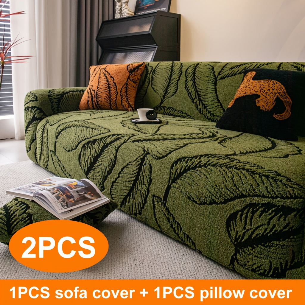Housse de canapé extensible en velours jacquard à motif feuillage, vue d'ensemble