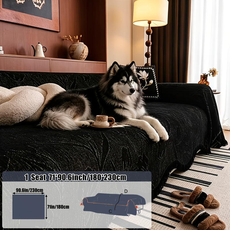 Housse de canapé épaisse en chenille jacquard à rayures à volants, tissu de 350 à 400 g/m²