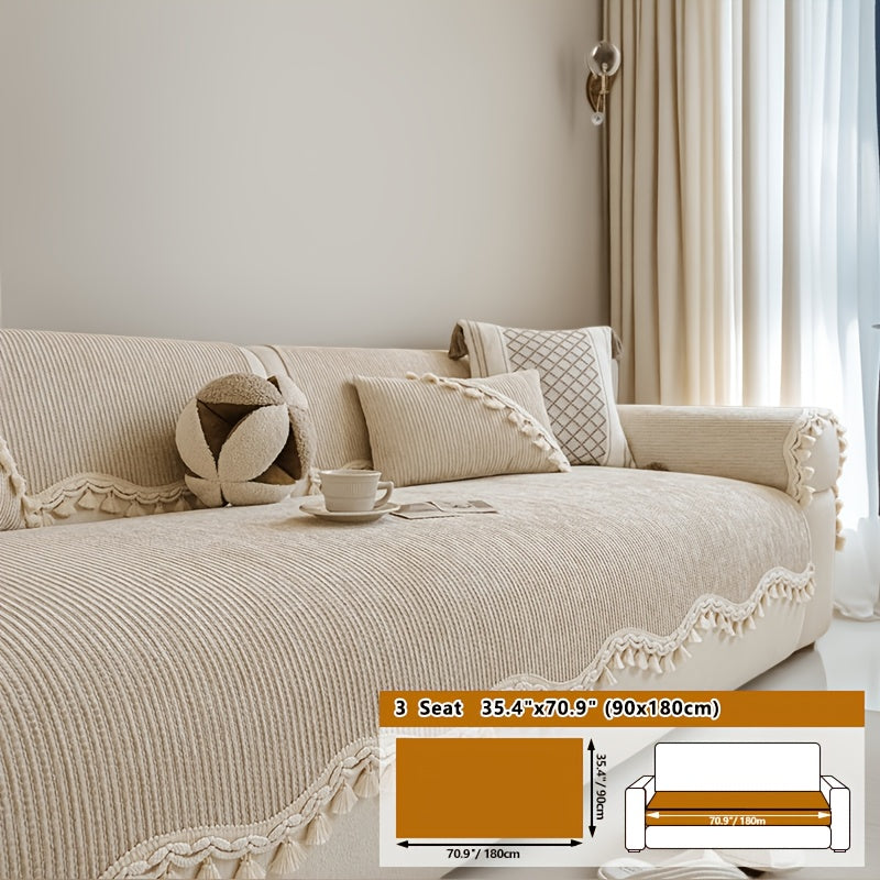 Housse de canapé épaisse en chenille jacquard à rayures à volants, tissu de 300 à 350 g/m²