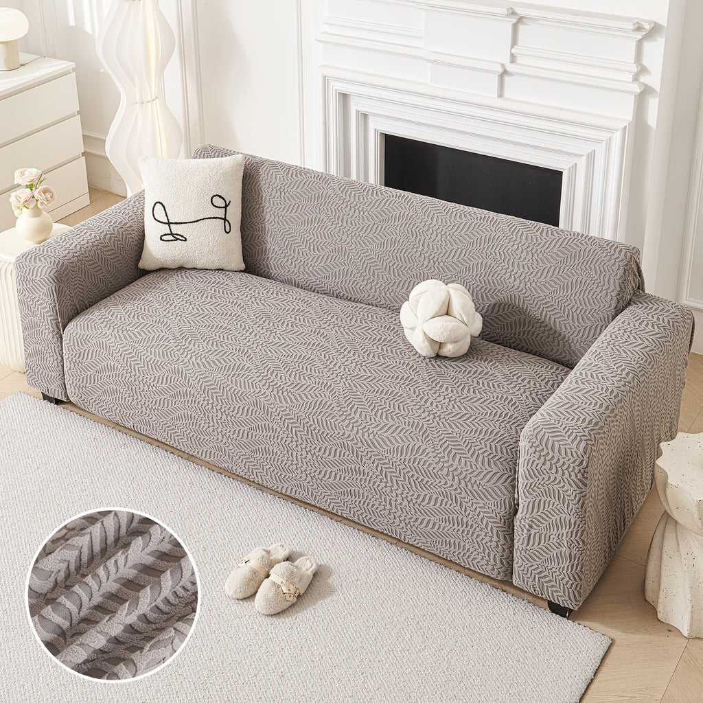 Housse de canapé extensible en polaire jacquard à motif feuillage, vue d'ensemble