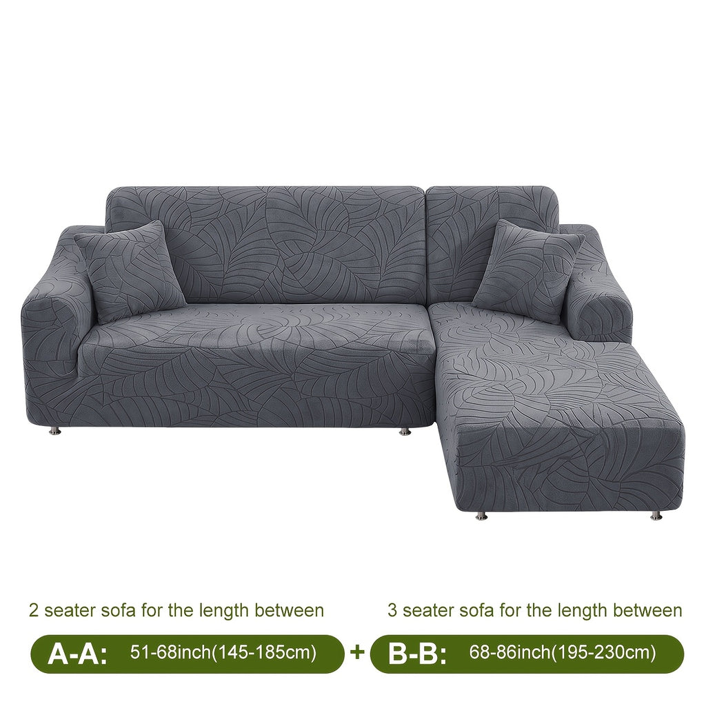 Housse de canapé extensible en polaire jacquard à motif feuillage, détail de l'ourlet