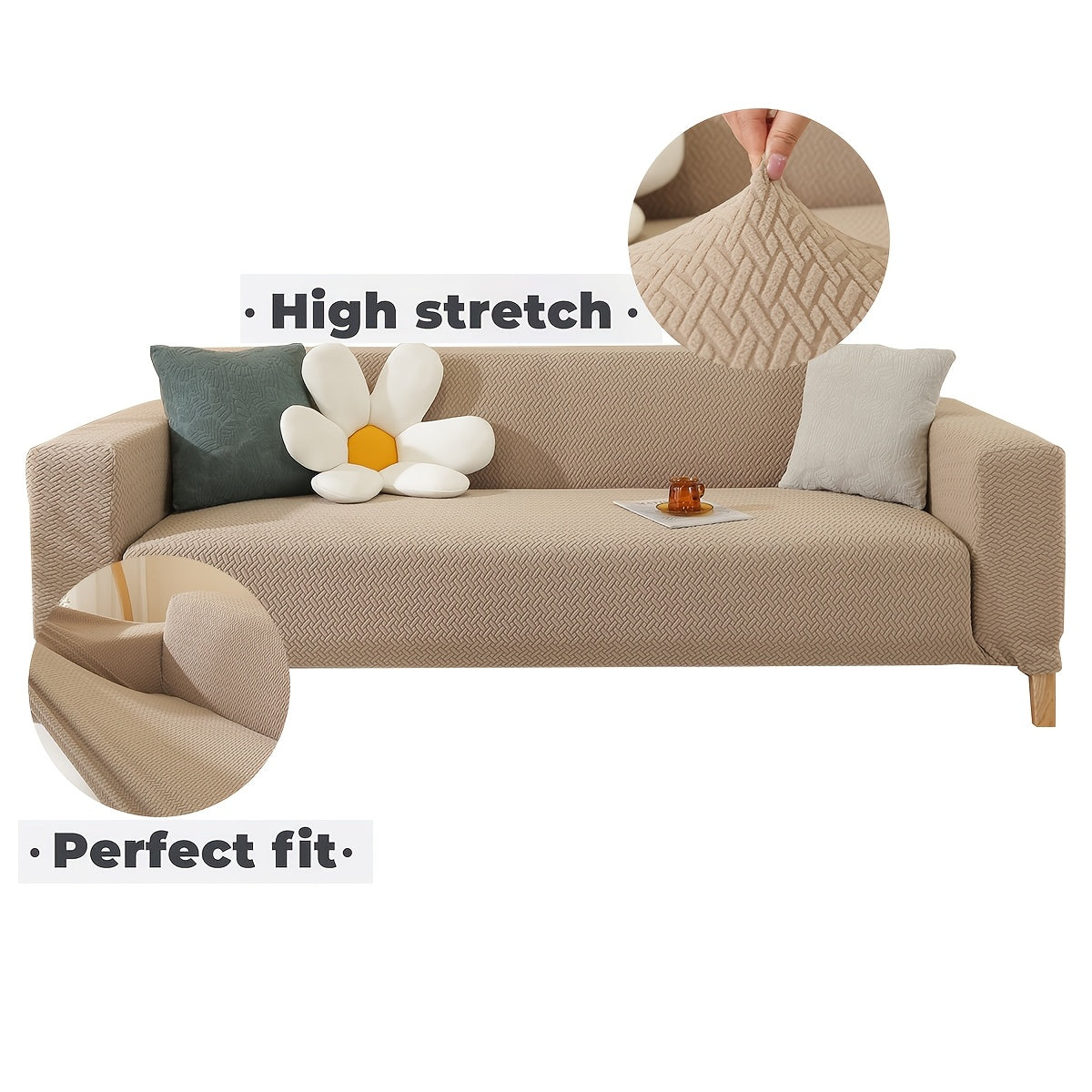 Housse de canapé épaisse extensible en polaire jacquard en T, gros plan sur le tissu
