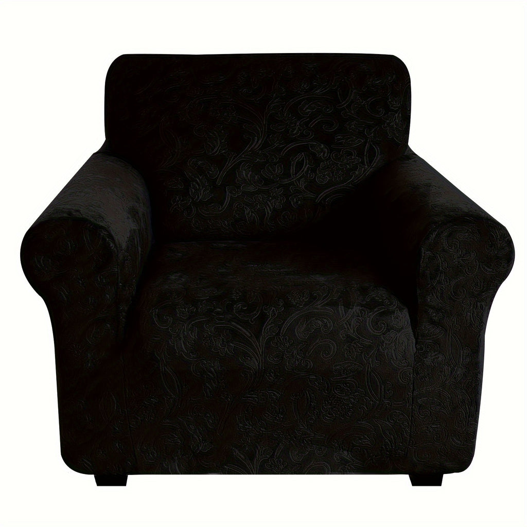Housse de canapé extensible en velours à motif fleuri anti-griffes, mise en situation