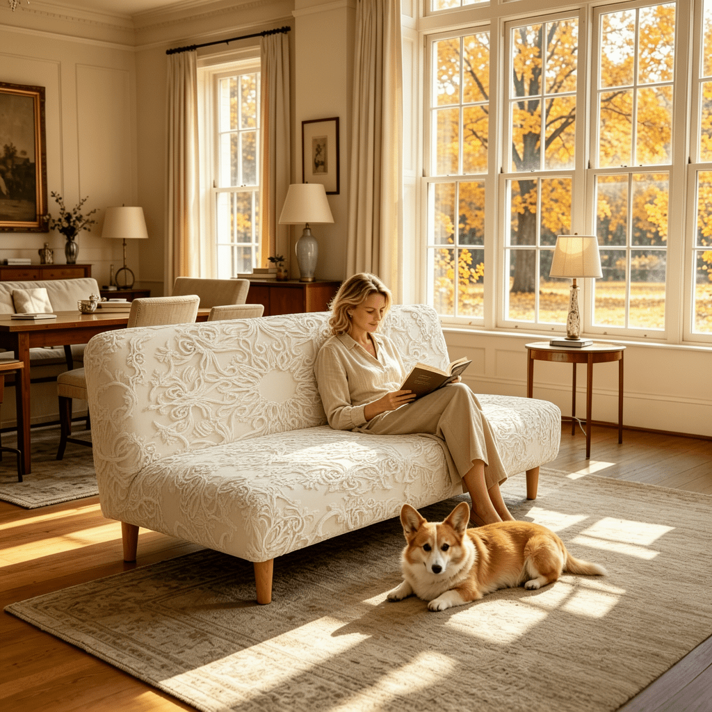 Housse de canapé extensible en fibre de lait imprimée à motif ethnique, mise en situation