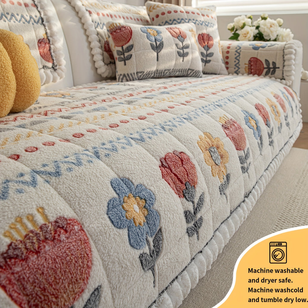 Housse de coussin en peluche à motif fleuri antidérapante, gros plan sur le tissu
