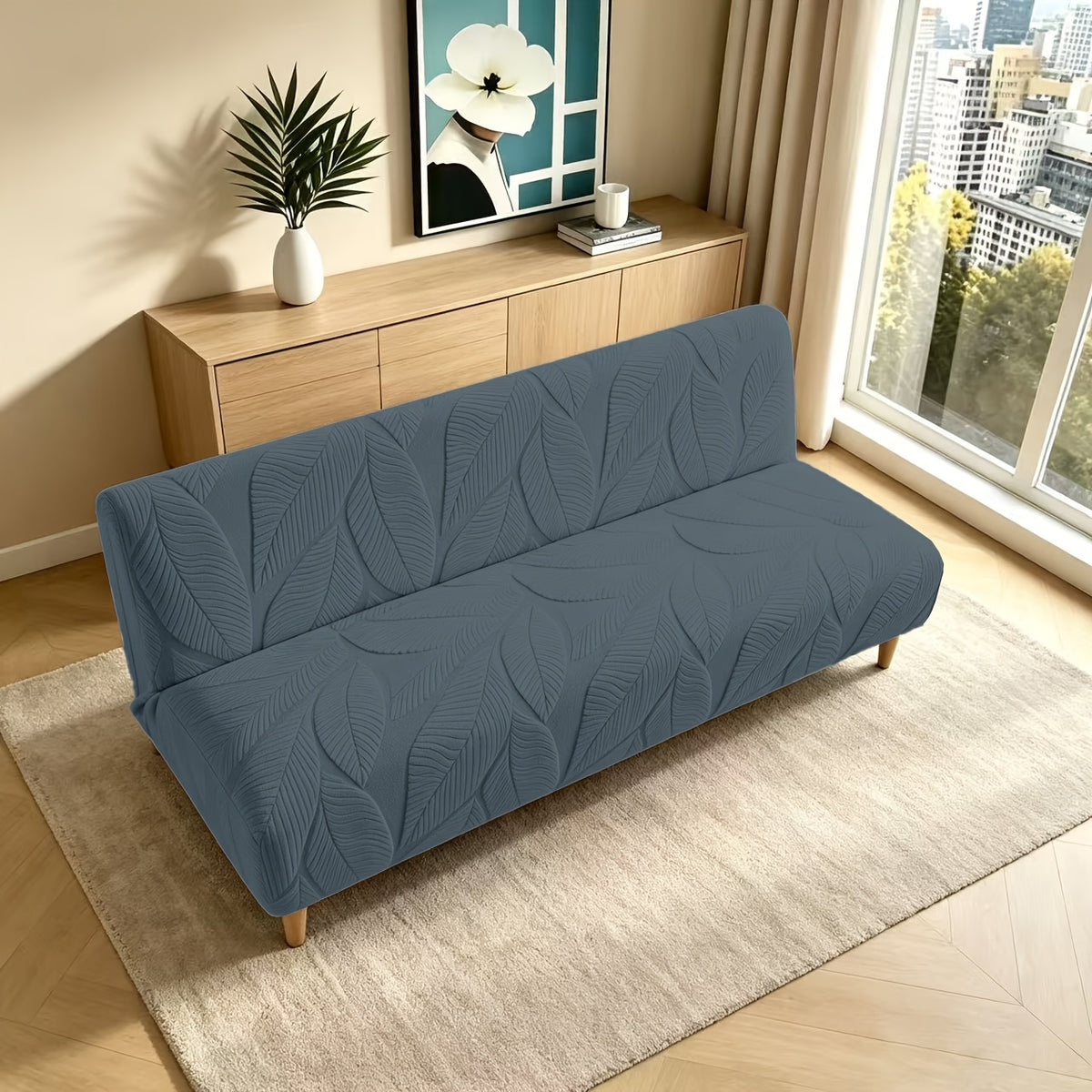 Housse de canapé extensible en polaire jacquard sans accoudoirs, détail de l'ourlet