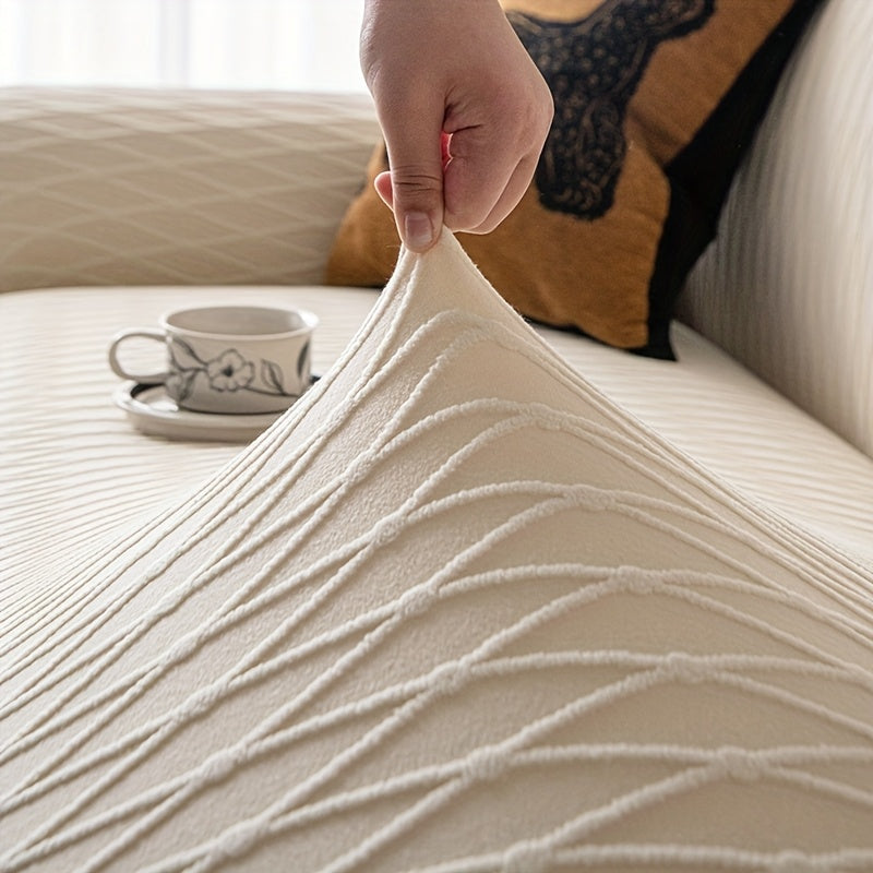 Housse de canapé en polaire à motif géométrique, gros plan sur le tissu