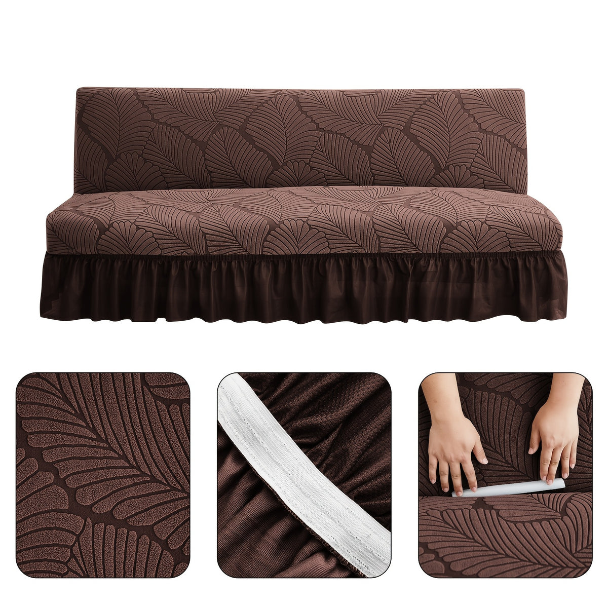 Housse de canapé extensible en jacquard à motif feuillage à volants, visuel produit