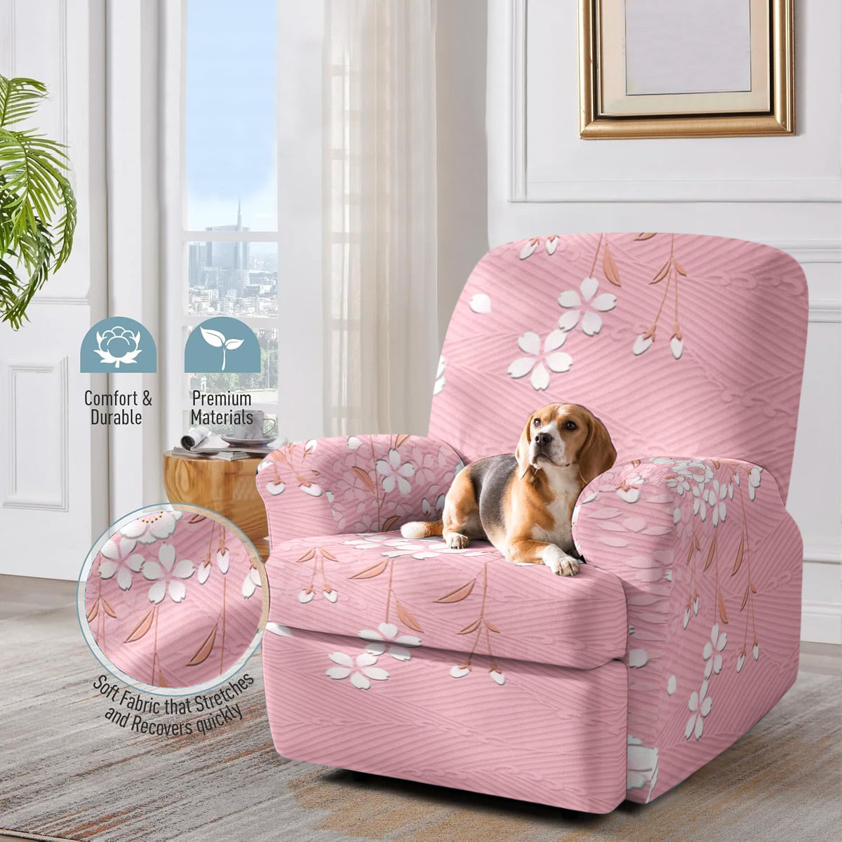 Housse de canapé extensible en fibre de lait imprimée à motif fleuri au rendu, vue d'ensemble