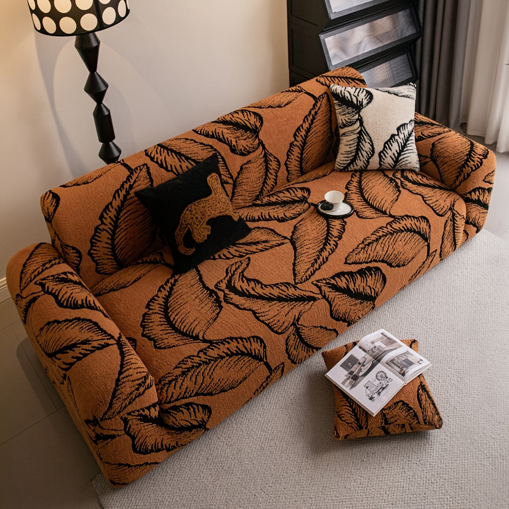 Housse de canapé extensible en peluche à motif feuillage, vue d'ensemble