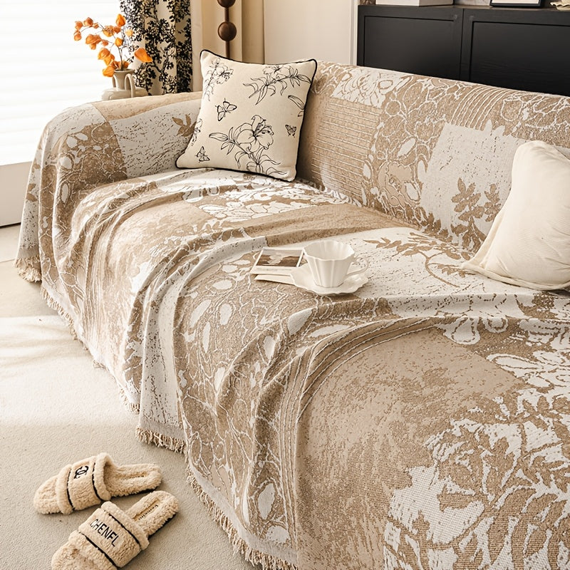 Housse de canapé épaisse en chenille jacquard d'esprit bohème, mise en situation