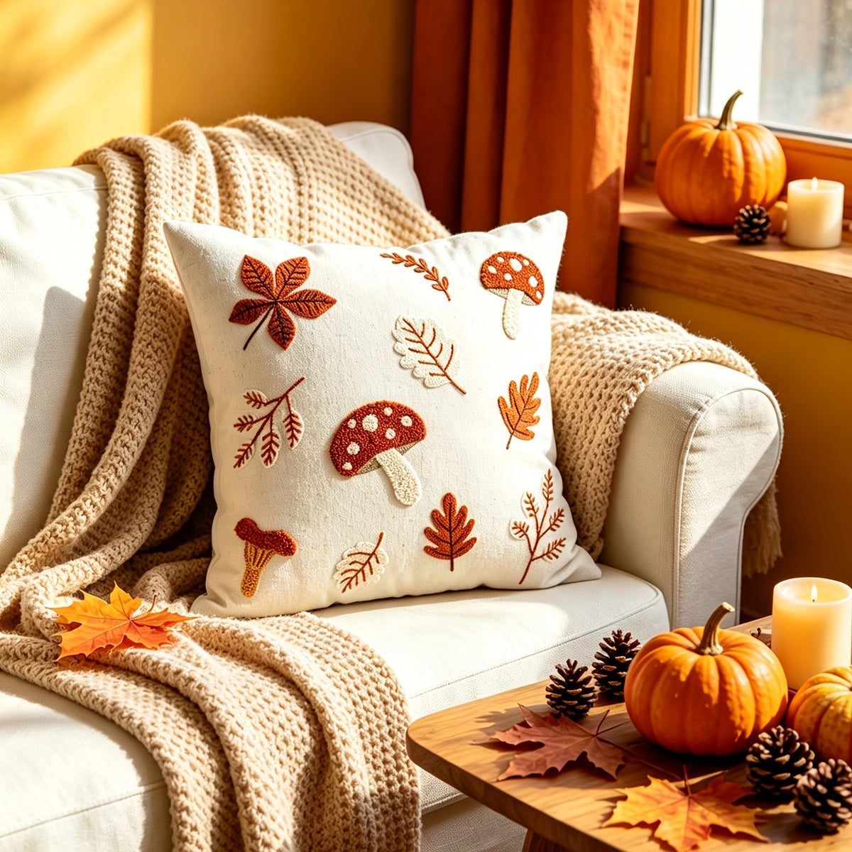 Housse de coussin en polyester à motif feuillage