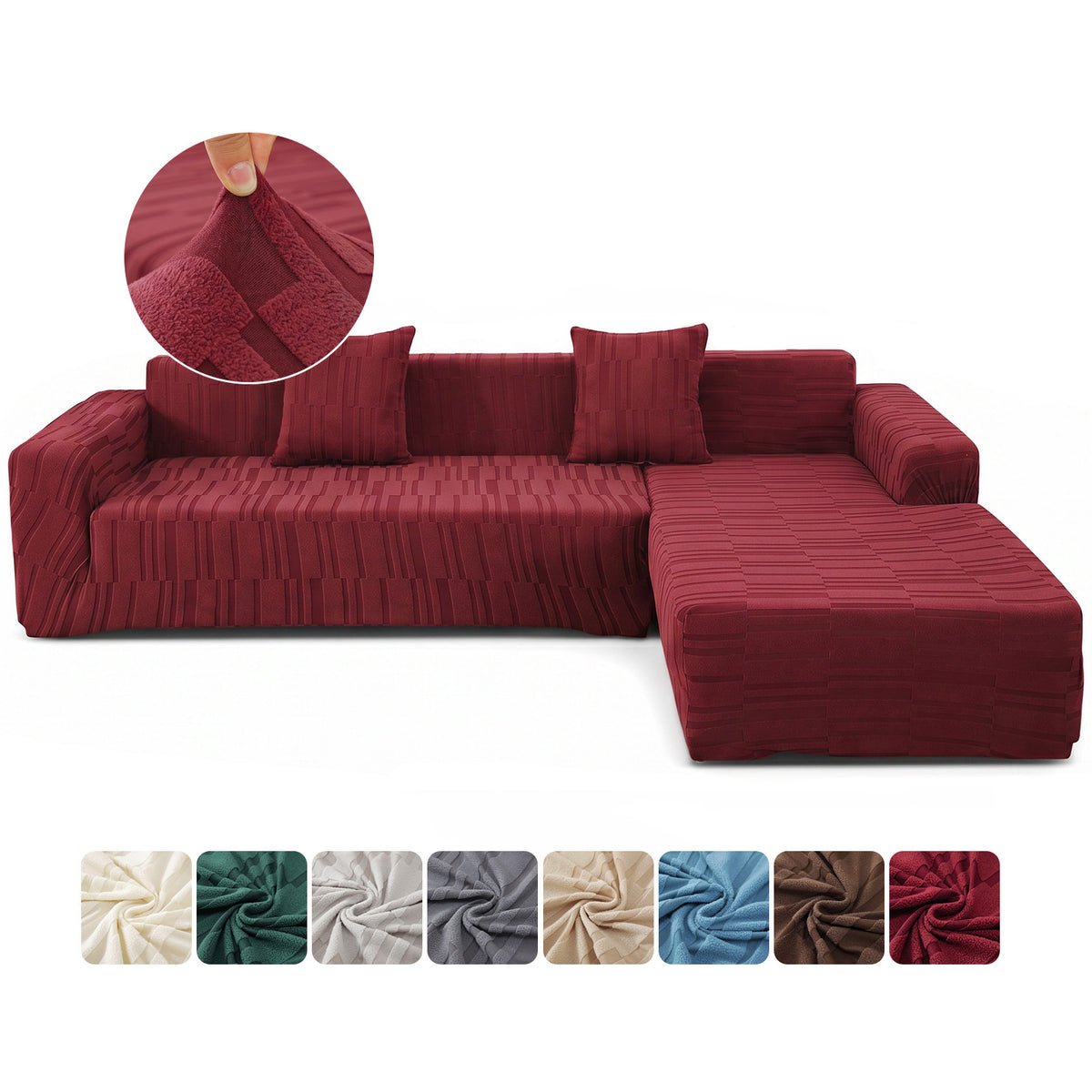Housse de canapé extensible en peluche jacquard à rayures, gros plan sur le tissu